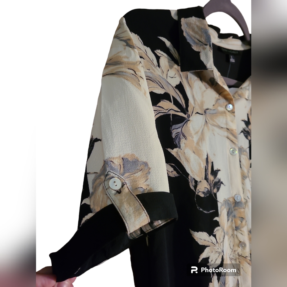 Sara Michelle Black & Tan Button Floral Blouse L - Picture 4 of 7
